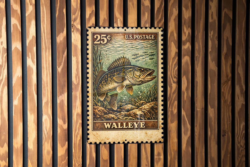 A 25¢ U.S. postage stamp featuring a walleye fish, which is displayed on a wooden wall.