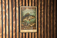 A 25¢ U.S. postage stamp featuring a walleye fish, which is displayed on a wooden wall.