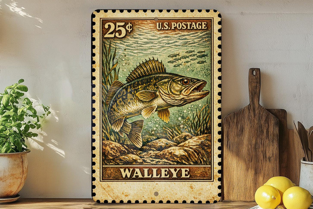A vintage-style U.S. postage stamp featuring a walleye fish, displayed on a wooden surface next to a wooden cutting board and a potted plant.