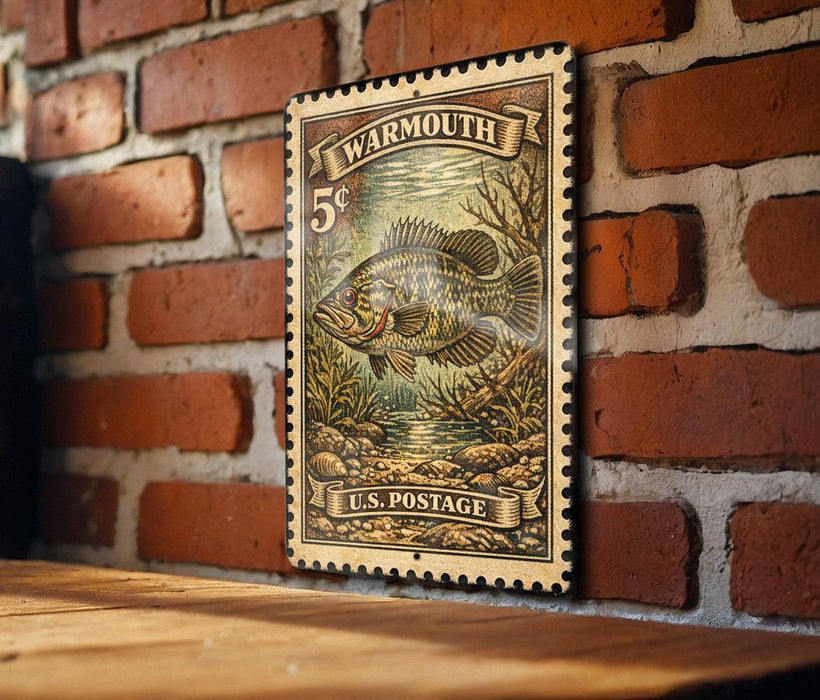 A vintage U.S. postage stamp featuring a fish, mounted on a brick wall.