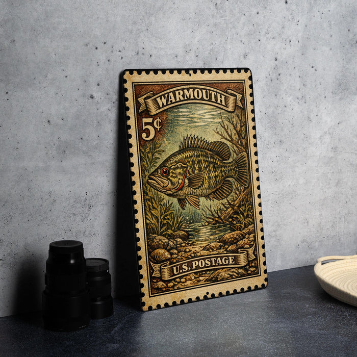 A vintage 5c postage stamp from the United States, featuring an illustration of a fish, is displayed on a table.