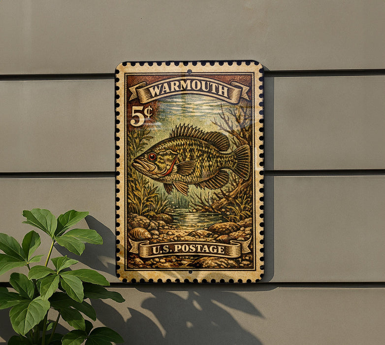 A vintage-style postage stamp featuring a fish, mounted on a wall next to a plant.