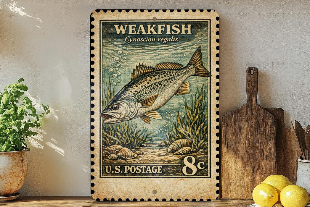 A vintage-style postage stamp featuring a fish, placed on a wooden surface next to a wooden cutting board and some lemons.