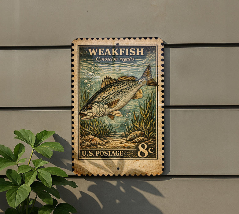 A weathered, vintage-style postage stamp featuring a fish, mounted on a wall next to a plant.