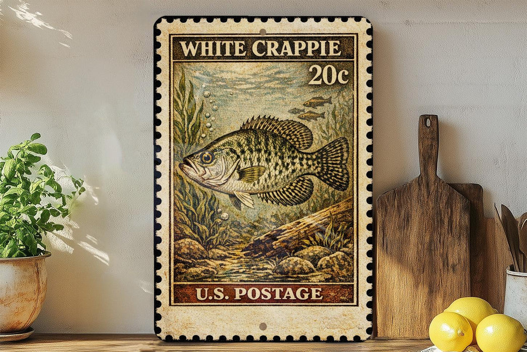 A vintage-style postage stamp featuring a white crappie fish, with the text "WHITE CRAppie 20c" and "U.S. POSTAGE" printed on it. The stamp is displayed on a wall, with a wooden cutting board and a potted plant visible in the foreground.