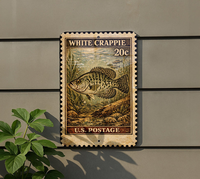 A vintage-style postage stamp featuring a white crappie fish, mounted on a wall next to a plant.