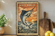 A vintage-style postage stamp featuring a white marlin fish, with a wooden paddle and a lemon on a shelf in the background.