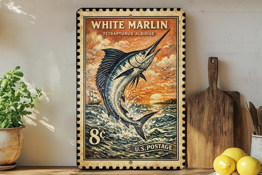 A vintage-style postage stamp featuring a white marlin fish, with a wooden paddle and a lemon on a shelf in the background.