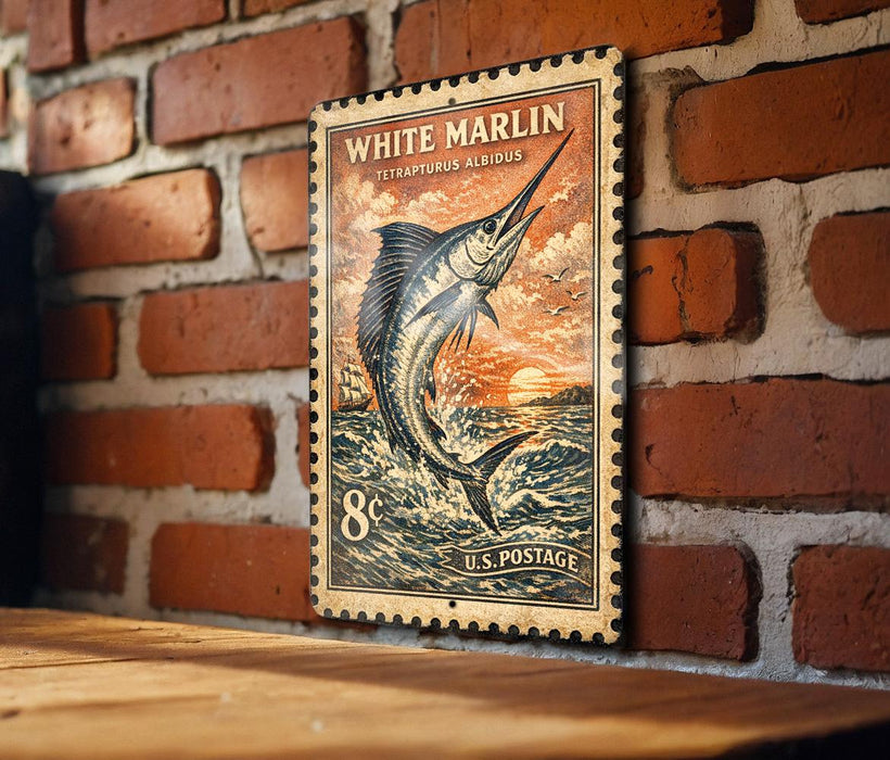 A vintage-style postage stamp featuring a white marlin fish, mounted on a brick wall.