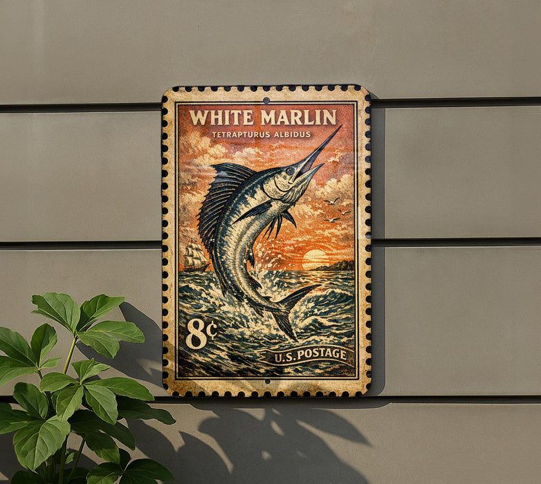 A vintage White Marlin postage stamp is displayed on a wall, featuring a large illustration of a white marlin fish leaping out of the water.