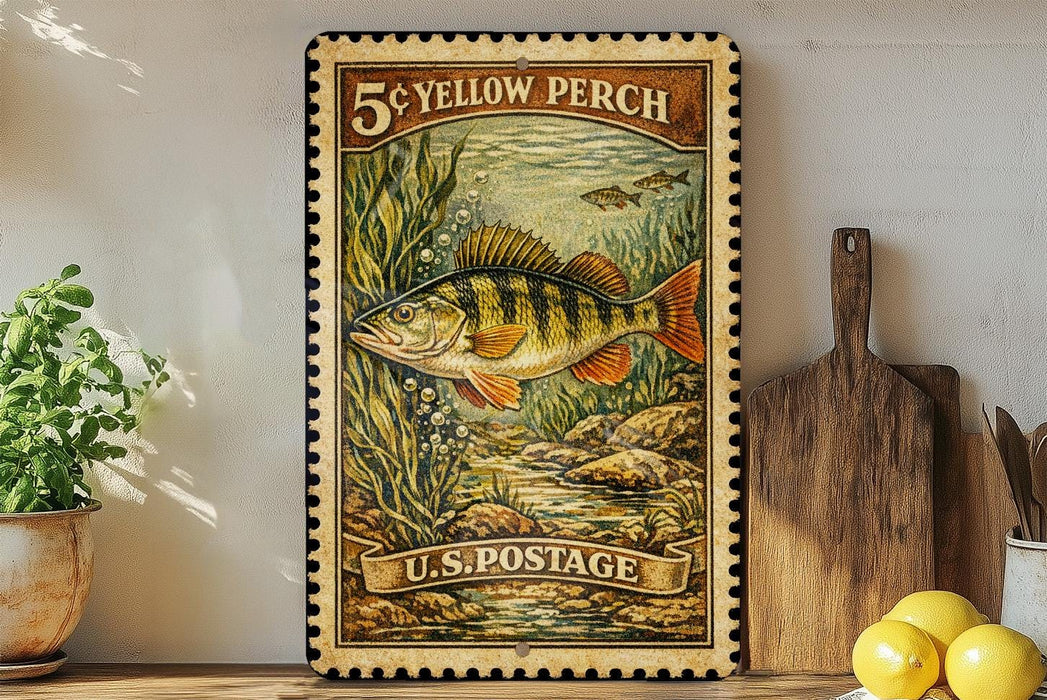 A vintage-style postage stamp featuring a yellow perch fish, placed on a wooden surface next to a wooden cutting board and a potted plant.