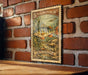 A vintage U.S. postage stamp featuring a fish illustration is displayed on a brick wall.