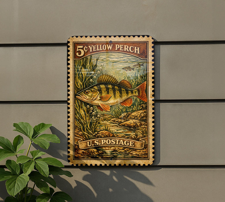 A vintage-style postage stamp featuring a yellow perch fish, mounted on a wall next to a plant.