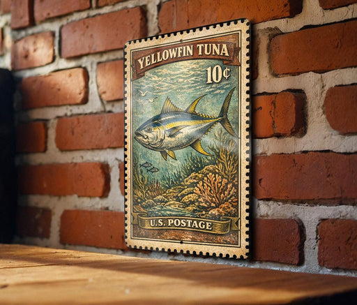 A vintage-style postage stamp featuring a yellowfin tuna fish, mounted on a brick wall.