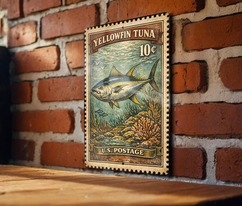 A vintage-style postage stamp featuring a yellowfin tuna fish, mounted on a brick wall.