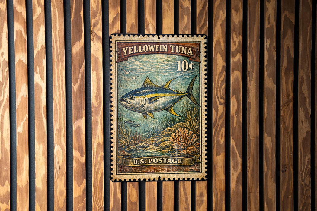 A U.S. postage stamp featuring a yellowfin tuna fish, with the text "Yellowfin Tuna 10¢" and "U.S. Postage" printed on it.