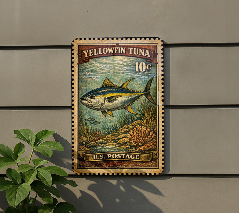 A vintage-style postage stamp featuring a yellowfin tuna fish, mounted on a wall next to a plant.