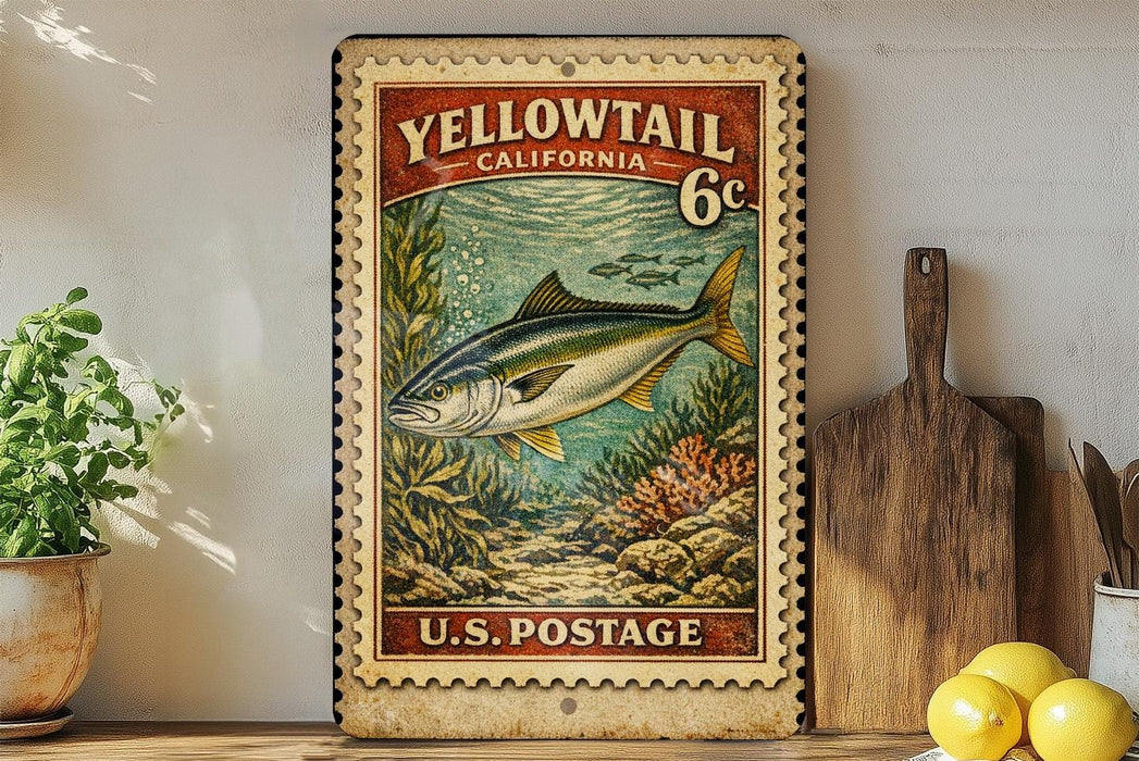 A vintage-style postage stamp featuring a fish, with the text "Yellowtail California 6c" and "U.S. Postage" printed on it. The stamp is displayed on a shelf next to a wooden cutting board and a potted plant.