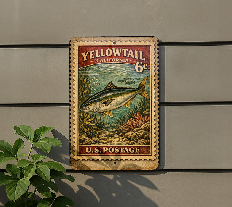 A vintage postage stamp featuring a fish, mounted on a wall next to a plant.