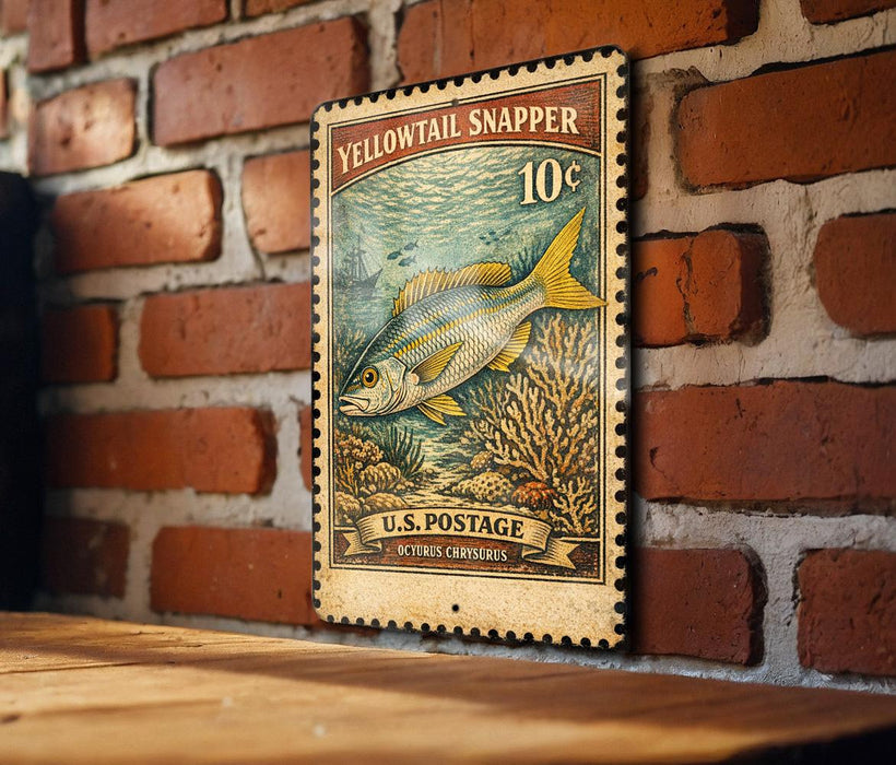 A vintage-style postage stamp featuring a yellowtail snapper fish, mounted on a brick wall.