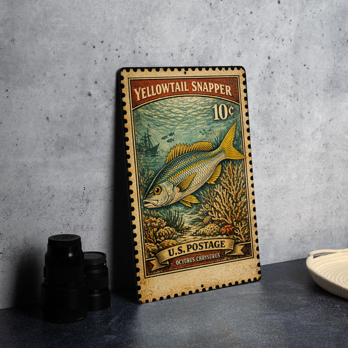 A vintage-style postage stamp featuring a yellowtail snapper fish, with a price of 10 cents, is displayed on a table.