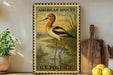 A vintage American Avocet postage stamp is displayed on a shelf, surrounded by kitchen utensils and a potted plant.