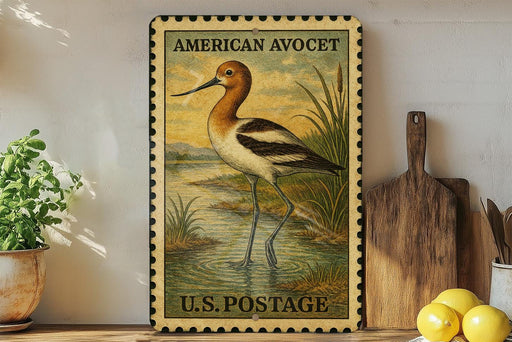 A vintage American Avocet postage stamp is displayed on a shelf, surrounded by kitchen utensils and a potted plant.