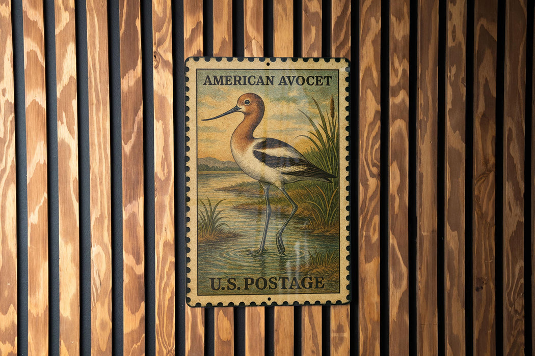 A vintage American Avocet postage stamp is displayed on a wooden wall.