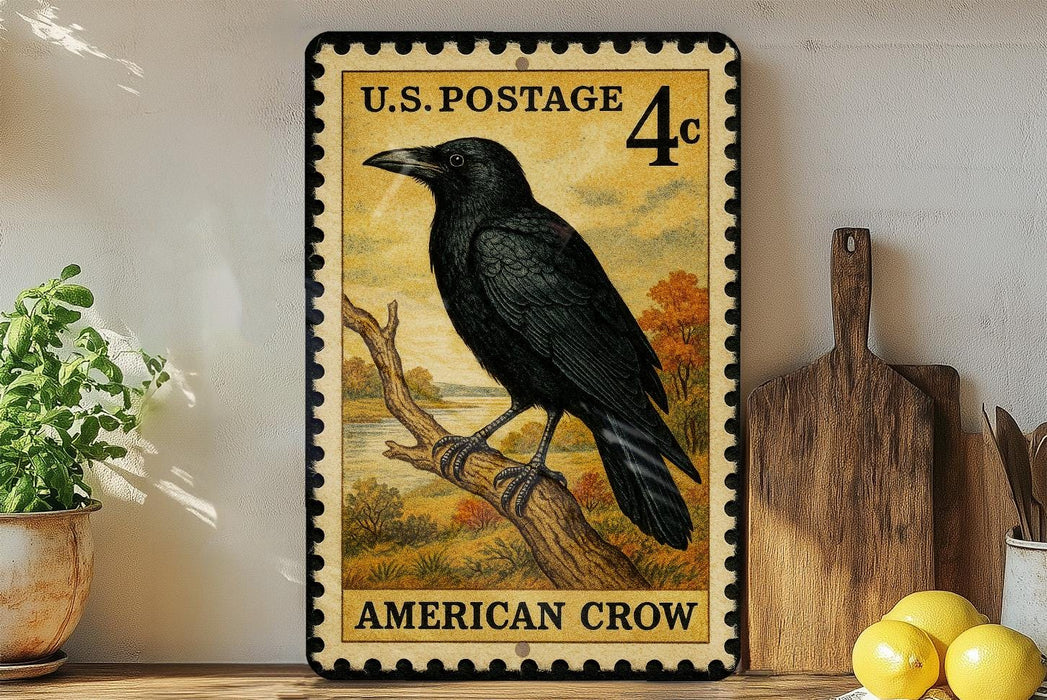 A U.S. postage stamp featuring an American crow, placed on a wooden surface next to a wooden cutting board and some lemons.