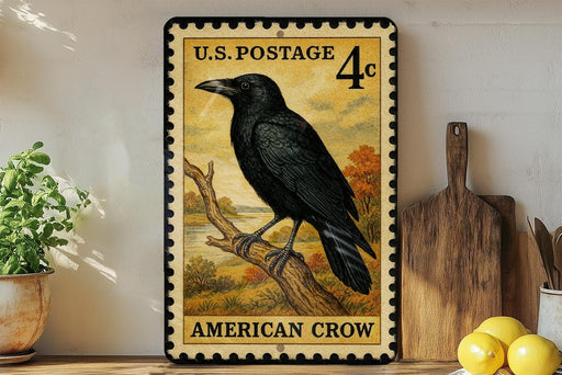 A U.S. postage stamp featuring an American crow, placed on a wooden surface next to a wooden cutting board and some lemons.