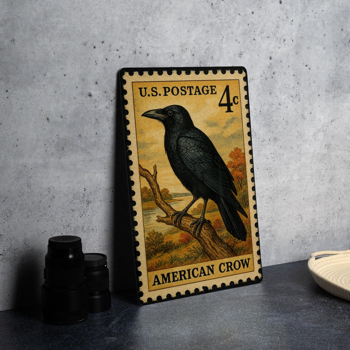 A U.S. postage stamp featuring an American crow perched on a branch, with the text "U.S. POSTAGE 4c" and "AMERICAN CROW" printed on it.