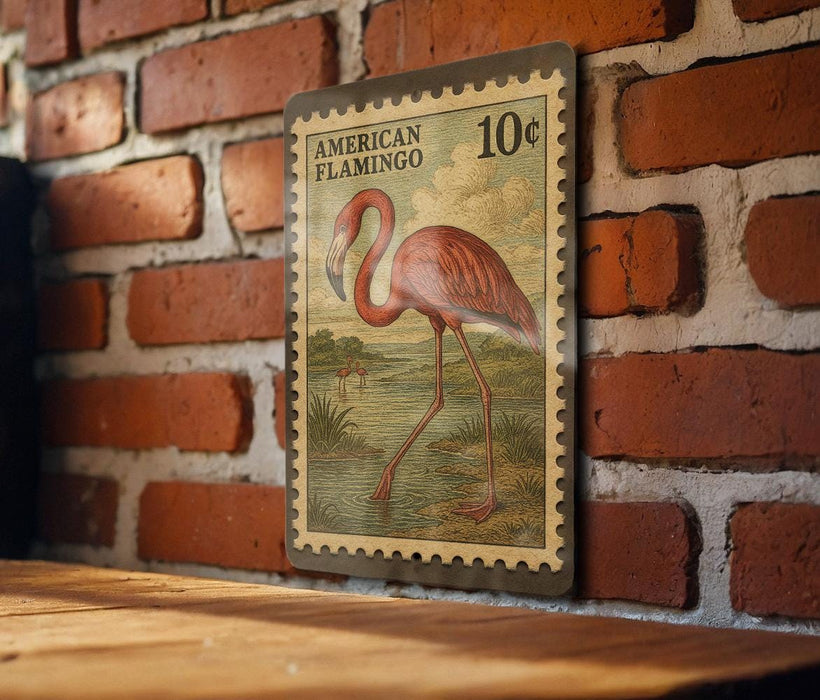 A vintage American postage stamp featuring a pink flamingo is displayed on a brick wall.