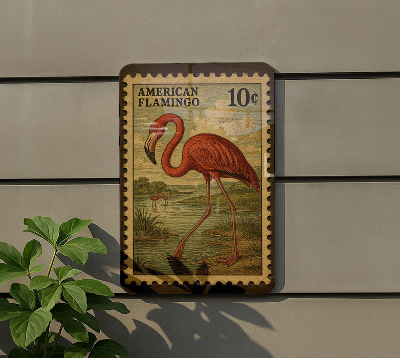 A stamp depicting a flamingo, with the text "AMERICAN FLAMINGO" and a value of 10 cents.