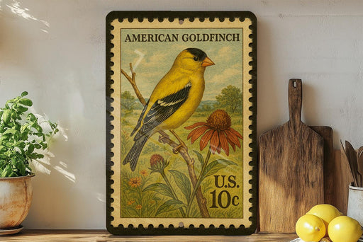 A framed American Goldfinch postage stamp is displayed on a shelf, with a potted plant, wooden cutting board, and lemons nearby.