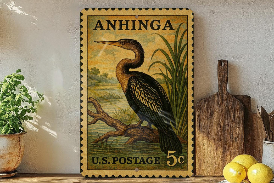A vintage postage stamp featuring a large bird, likely a heron, is displayed on a shelf next to a wooden cutting board and some lemons.