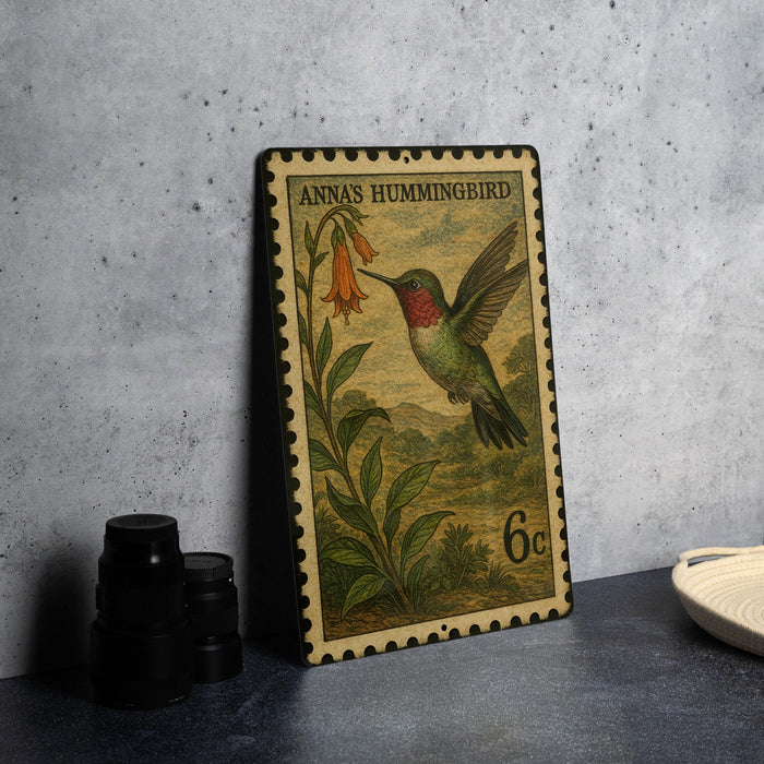 A metal stamp depicting a hummingbird on a flower, with the text "ANNA'S HUMMINGBIRD" and the value "6c".