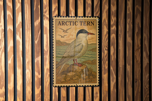 A postage stamp featuring an illustration of an Arctic tern, a bird known for its long legs and distinctive appearance, is displayed on a wooden wall.
