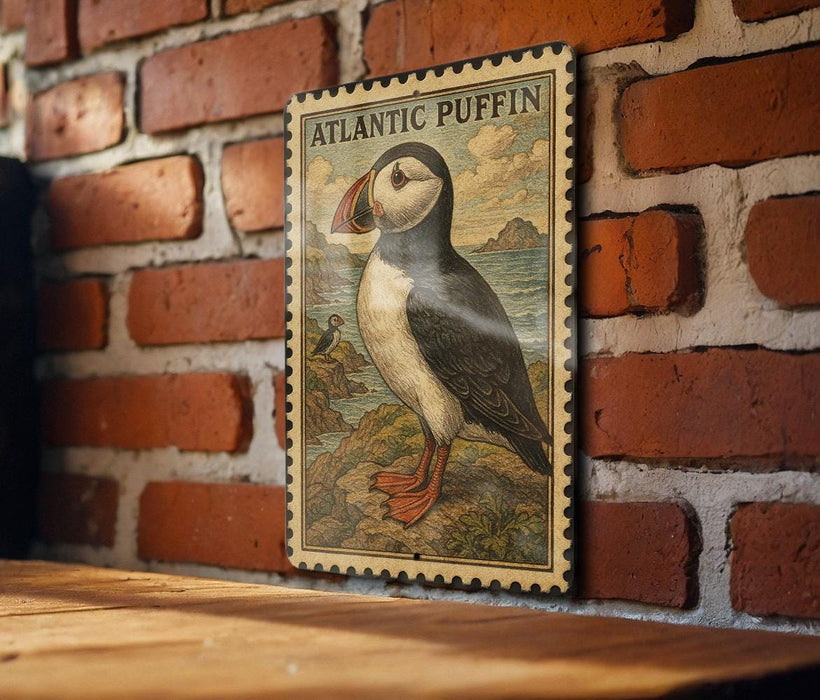 A vintage-style poster of an Atlantic puffin is displayed on a brick wall, featuring a detailed illustration of the bird and its natural habitat.
