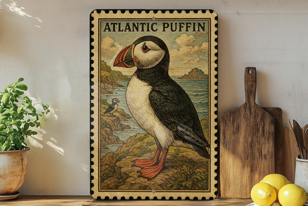 A framed illustration of an Atlantic puffin, a type of bird, is displayed on a shelf next to a wooden cutting board and some lemons.