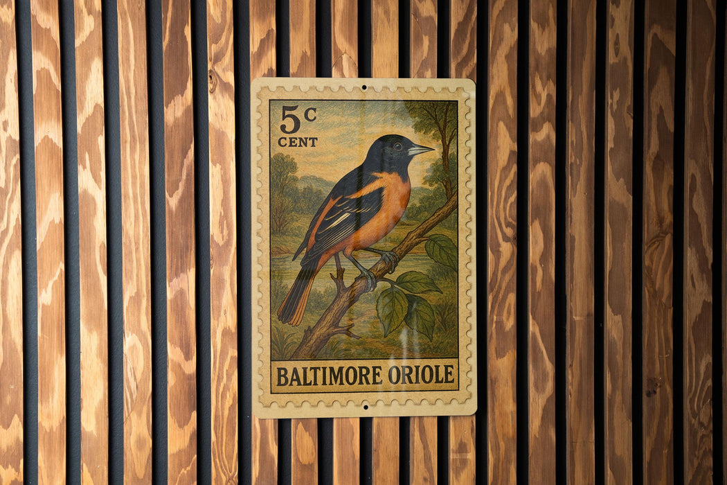 A 5 cent Baltimore Oriole postage stamp is displayed on a wooden wall.