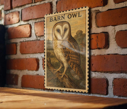 a wooden frame with a detailed illustration of a barn owl perched on a branch, mounted on a brick wall.