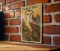 a wooden frame with a detailed illustration of a barn owl perched on a branch, mounted on a brick wall.