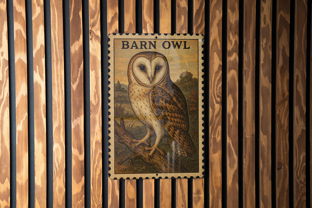 a barn owl, which is a type of owl, mounted on a wooden wall.