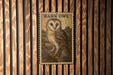 a barn owl, which is a type of owl, mounted on a wooden wall.