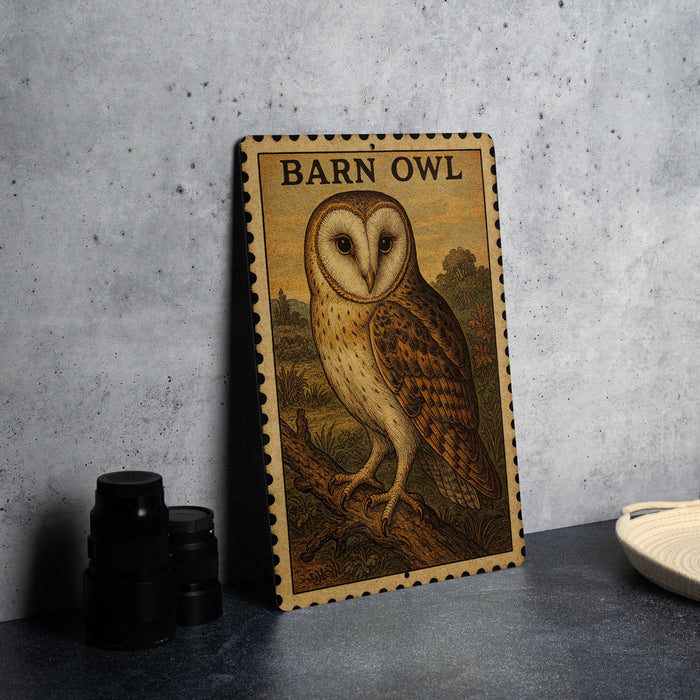 A framed illustration of a barn owl is displayed on a wall, with a plate and a stack of black camera lenses to the left.