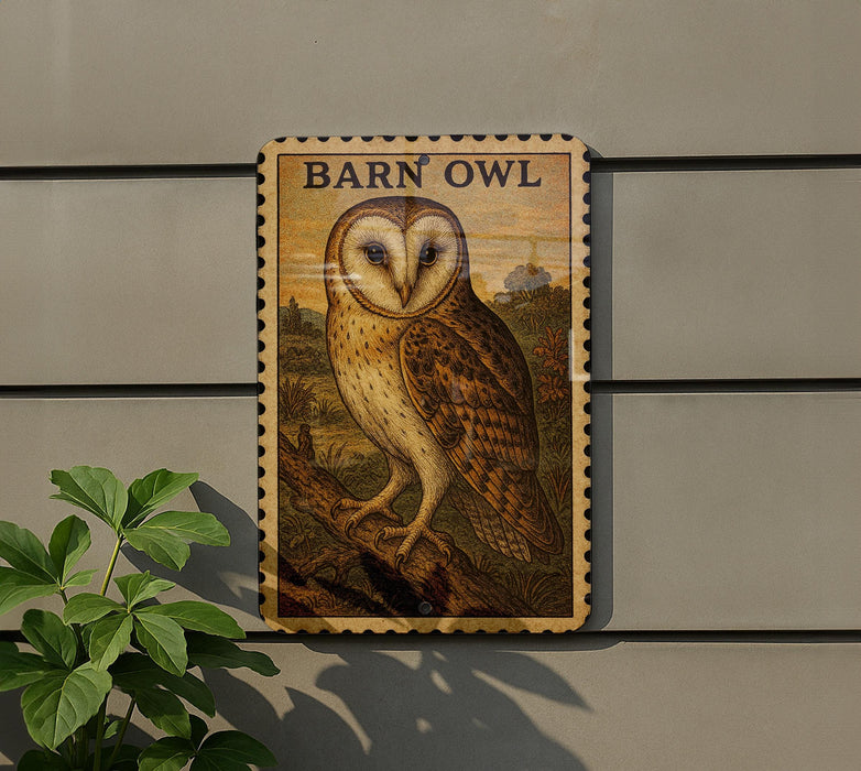 a barn owl, a type of owl, perched on a branch.