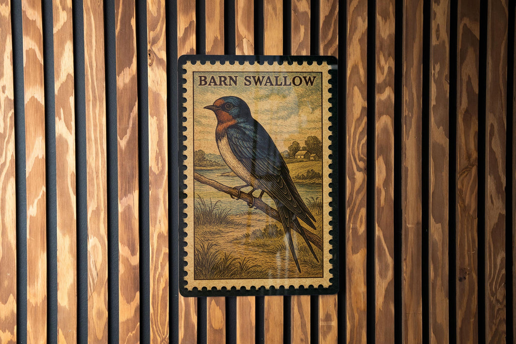 A framed illustration of a barn swallow is displayed on a wooden wall.