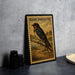 a framed illustration of a barn swallow perched on a branch, with a vintage-style border.