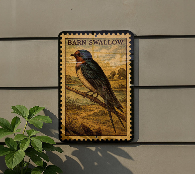 a sign depicting a barn swallow perched on a branch, with a plant to the left of the sign.