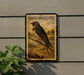 a sign depicting a barn swallow perched on a branch, with a plant to the left of the sign.